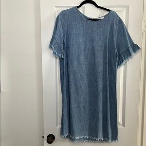 Blue Denim Dress with Frayed Sleeves and hem